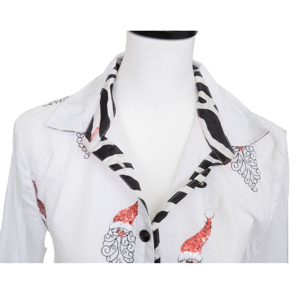 Jack B Quick Button-Down Shirt Red Sequin Santa Striped Collar Accent Women SM - Picture 3 of 14